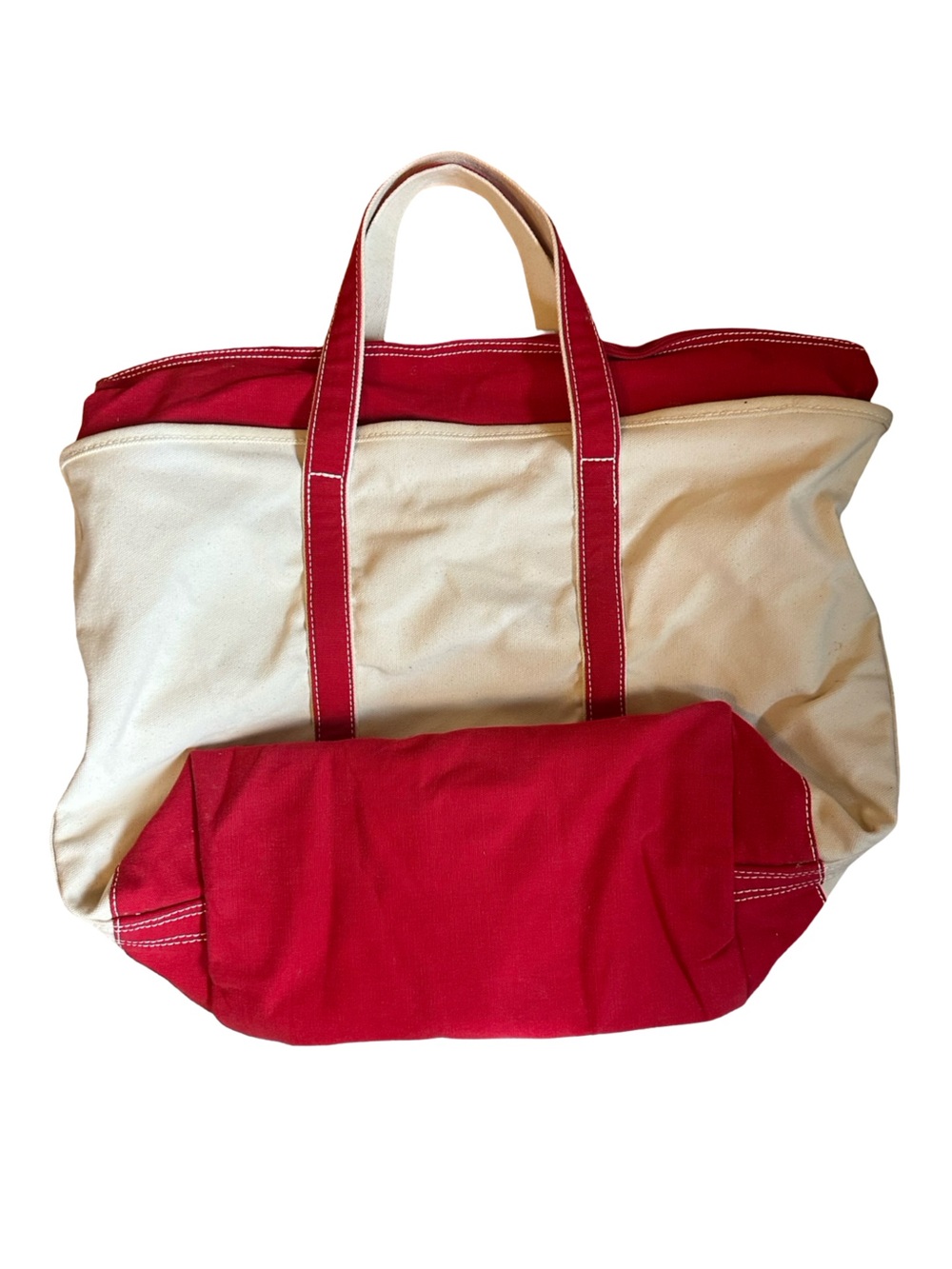 Lands' End Zip Top Canvas Tote Boat Bag Natural and Red Large - Picture 6 of 8